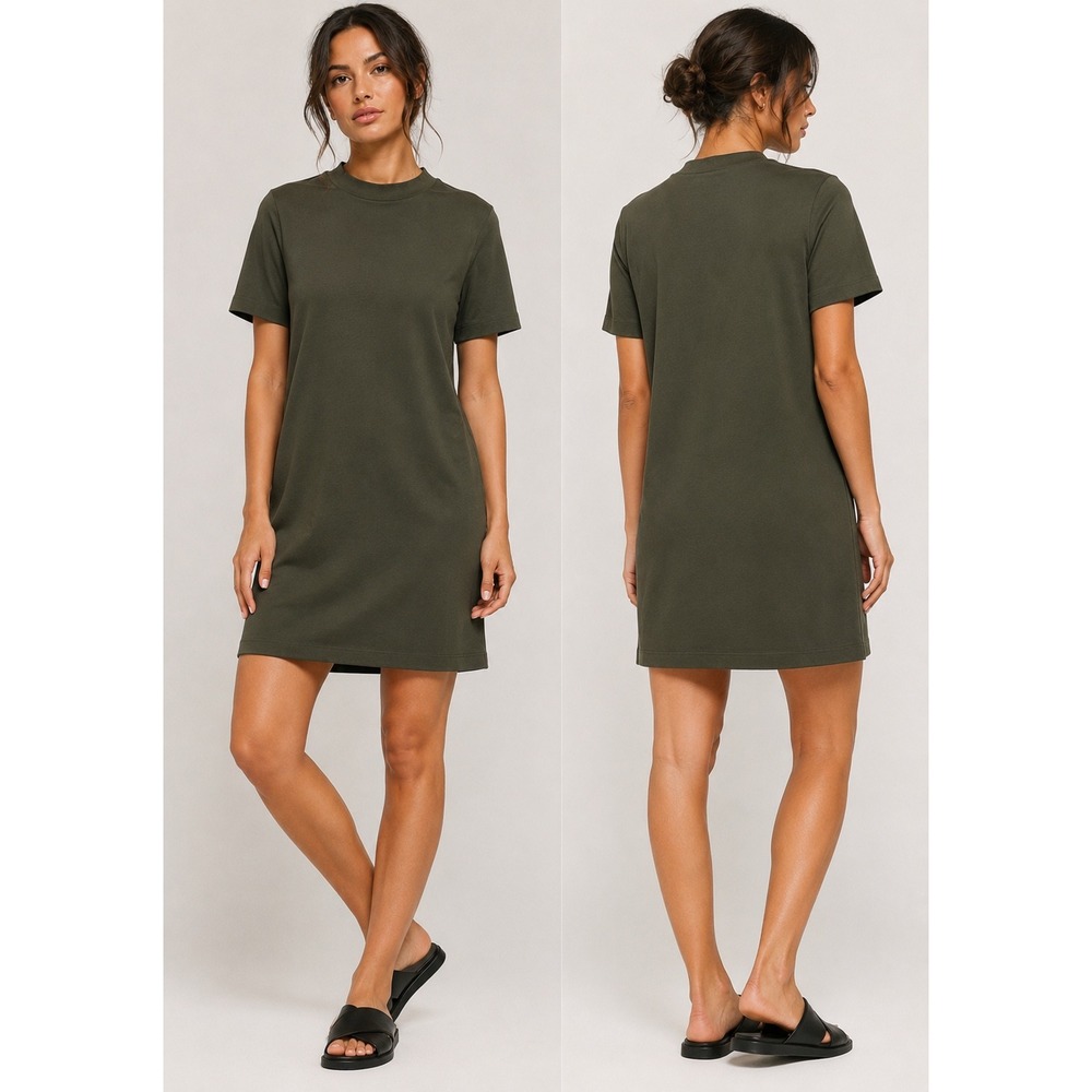 COS Womens Olive Green Cotton Mock Neck T-Shirt Dress Size Large Short Sleeves